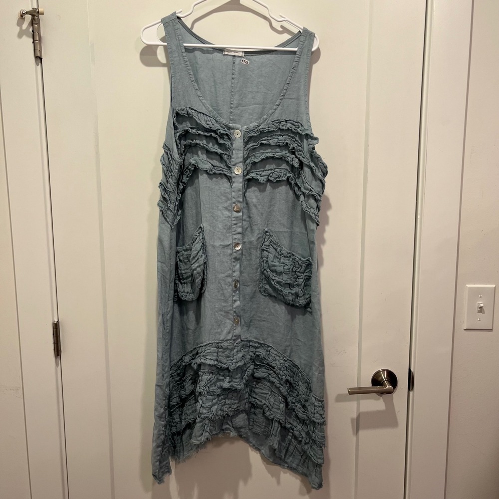 Made in Italy Linen Ruffle Midi Dress Blue Sleeveless Handkerchief Hem Large
